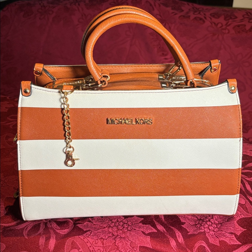 Michael Kors Tan and White Striped Satchel